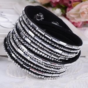 Black Leather Silver Bead Long Wrap Bracelet